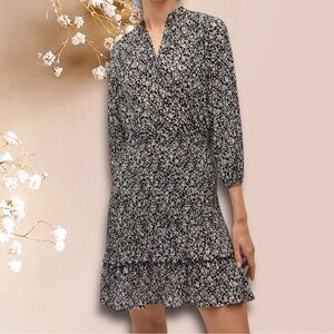 Mango Ruffled floral print dress black white Sz 6